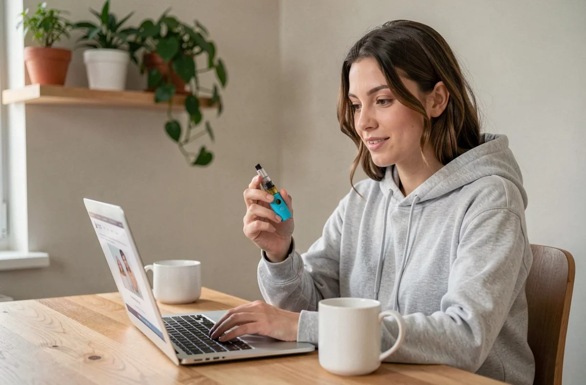 Jeune femme cherchant des puffs pas chères en ligne sur son ordinateur portable depuis son bureau à domicile