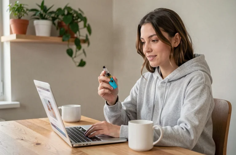 Jeune femme cherchant des puffs pas chères en ligne sur son ordinateur portable depuis son bureau à domicile