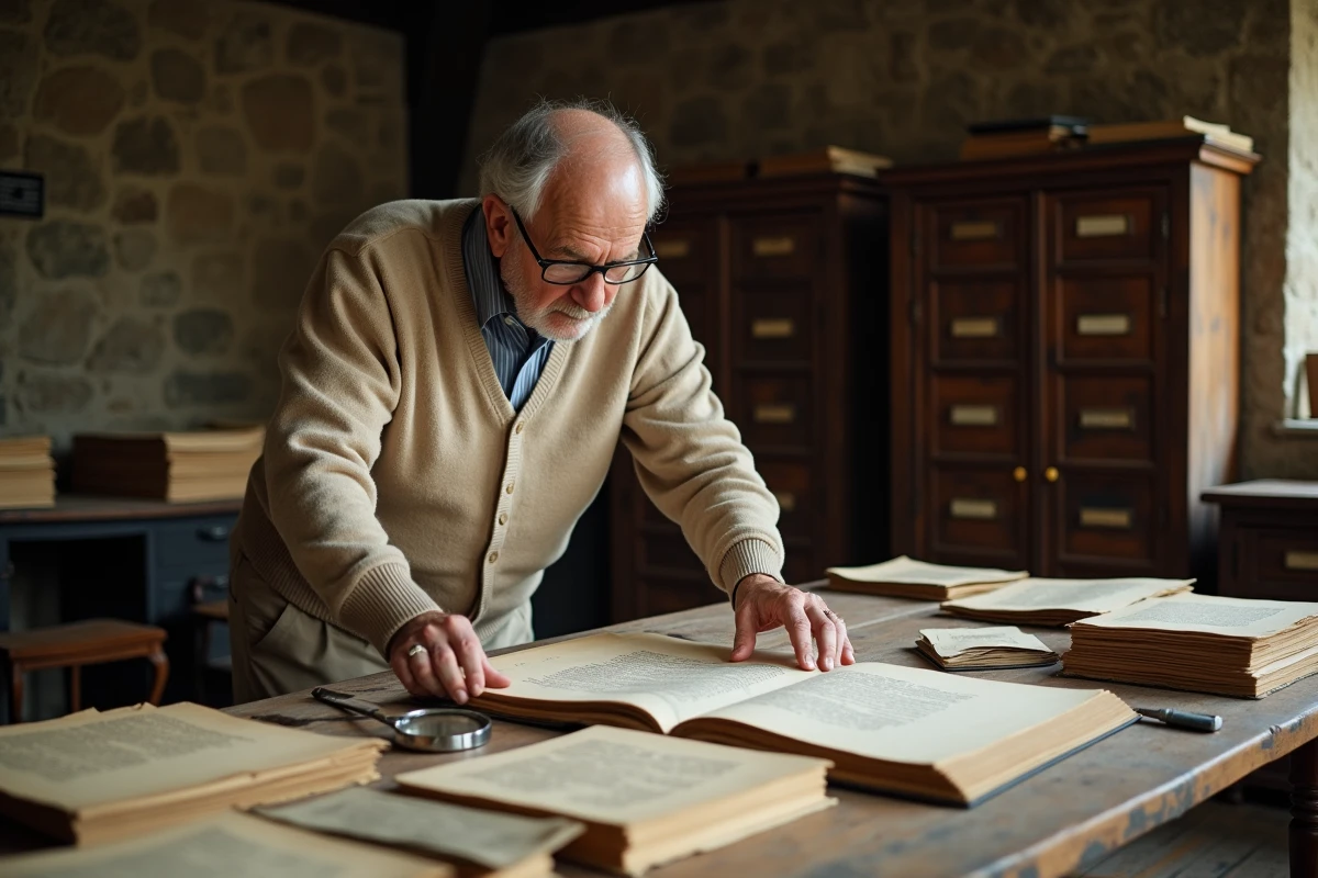 Archiviste âgé examinant des manuscrits historiques en langue française dans une salle d'archives en pierre