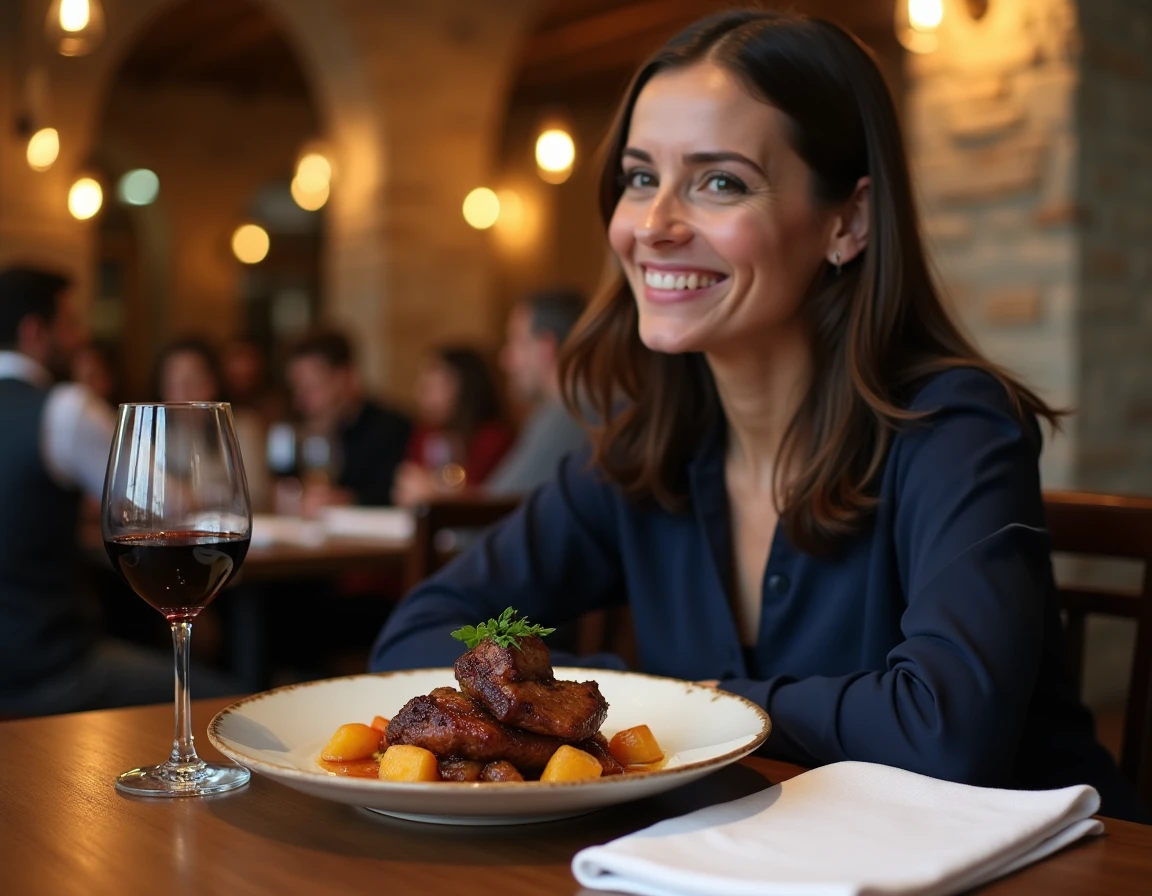 Dîneuse dans un bistro parisien savourant un confit de canard joliment présenté dans un restaurant gastronomique de quartier à l'ambiance chaleureuse