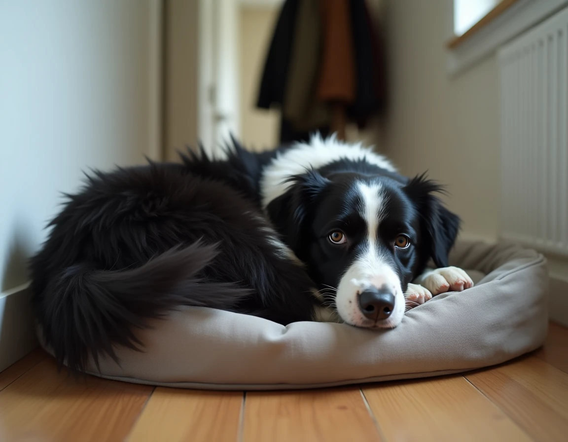 Border collie allongé et prostré sur son coussin dans le couloir après une séance de toilettage
