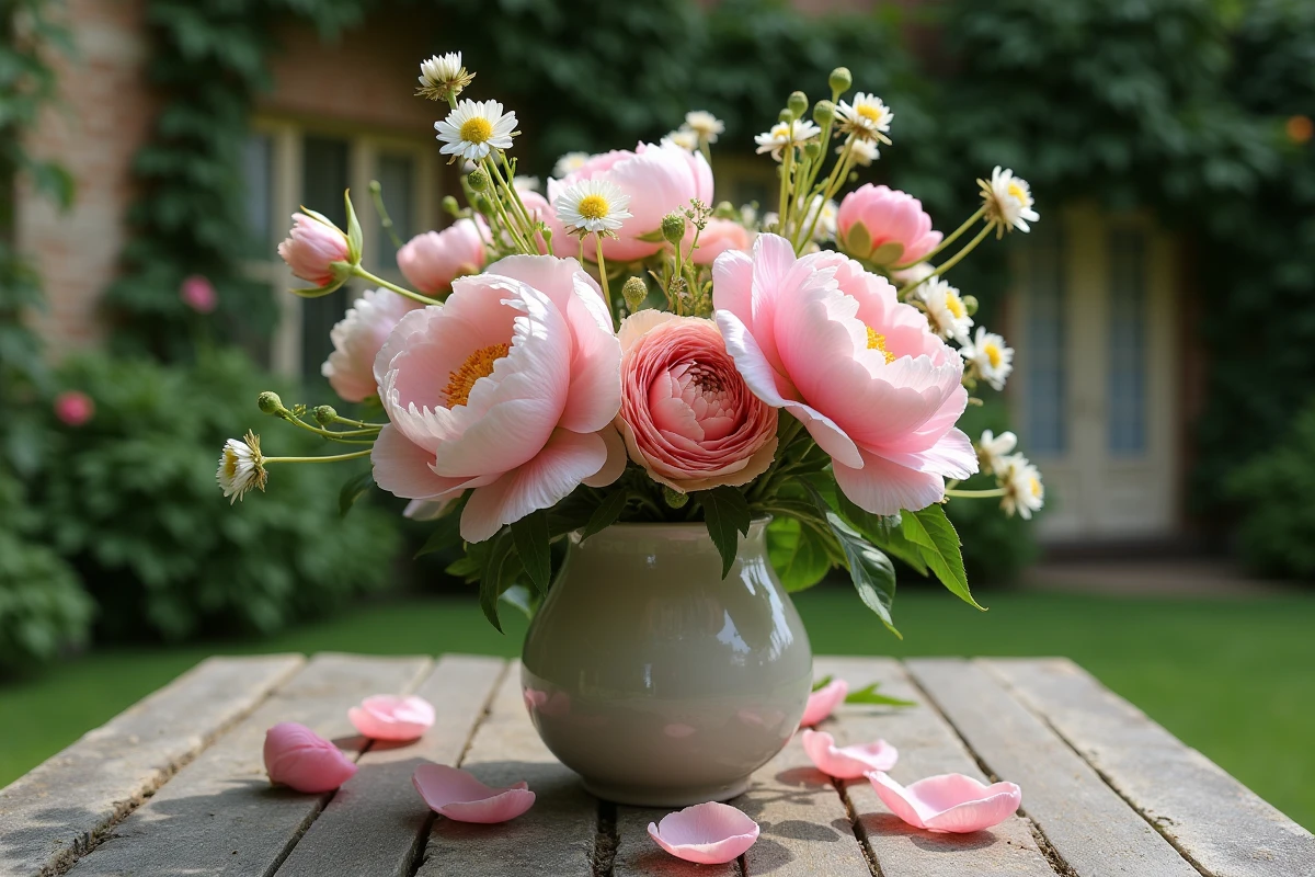 Bouquet de pivoines, pois de senteur et renoncules dans un vase en céramique sur une table de jardin en pierre