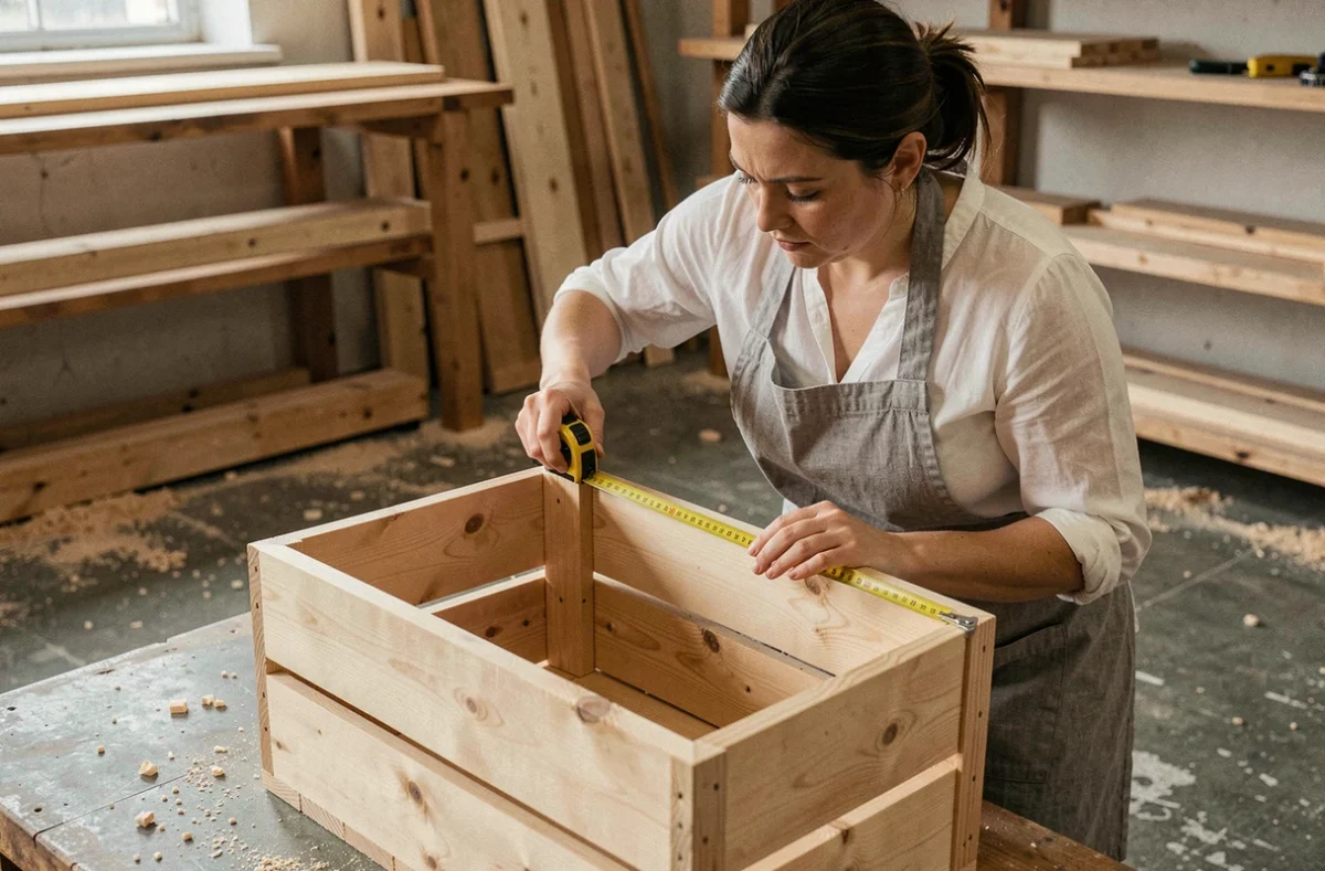 Femme mesurant les dimensions d'une caisse en bois pour calculer le volume en mètres cubes