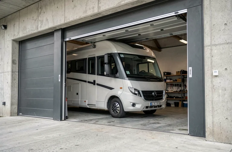 Camping-car entrant dans un garage résidentiel avec une grande porte sectionnelle anthracite mesurant la hauteur et la largeur nécessaires