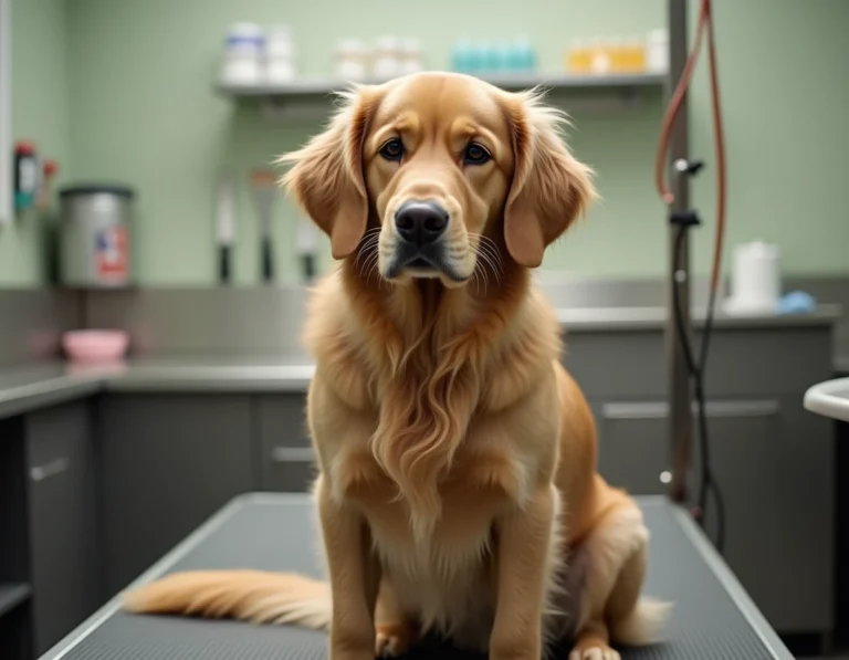 Chien golden retriever à l'air triste assis sur une table de toilettage après une séance de toilettage professionnel