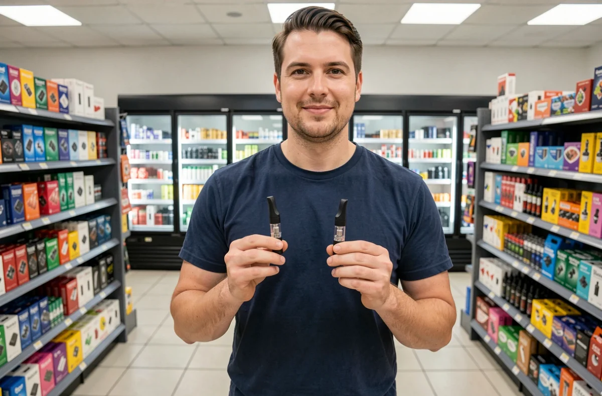 Homme comparant deux modèles de puffs disposables dans une boutique de vape pour trouver le meilleur prix