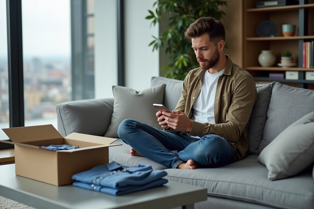 Homme assis sur un canapé comparant deux tailles de chemise commandées sur Zalando avec son smartphone