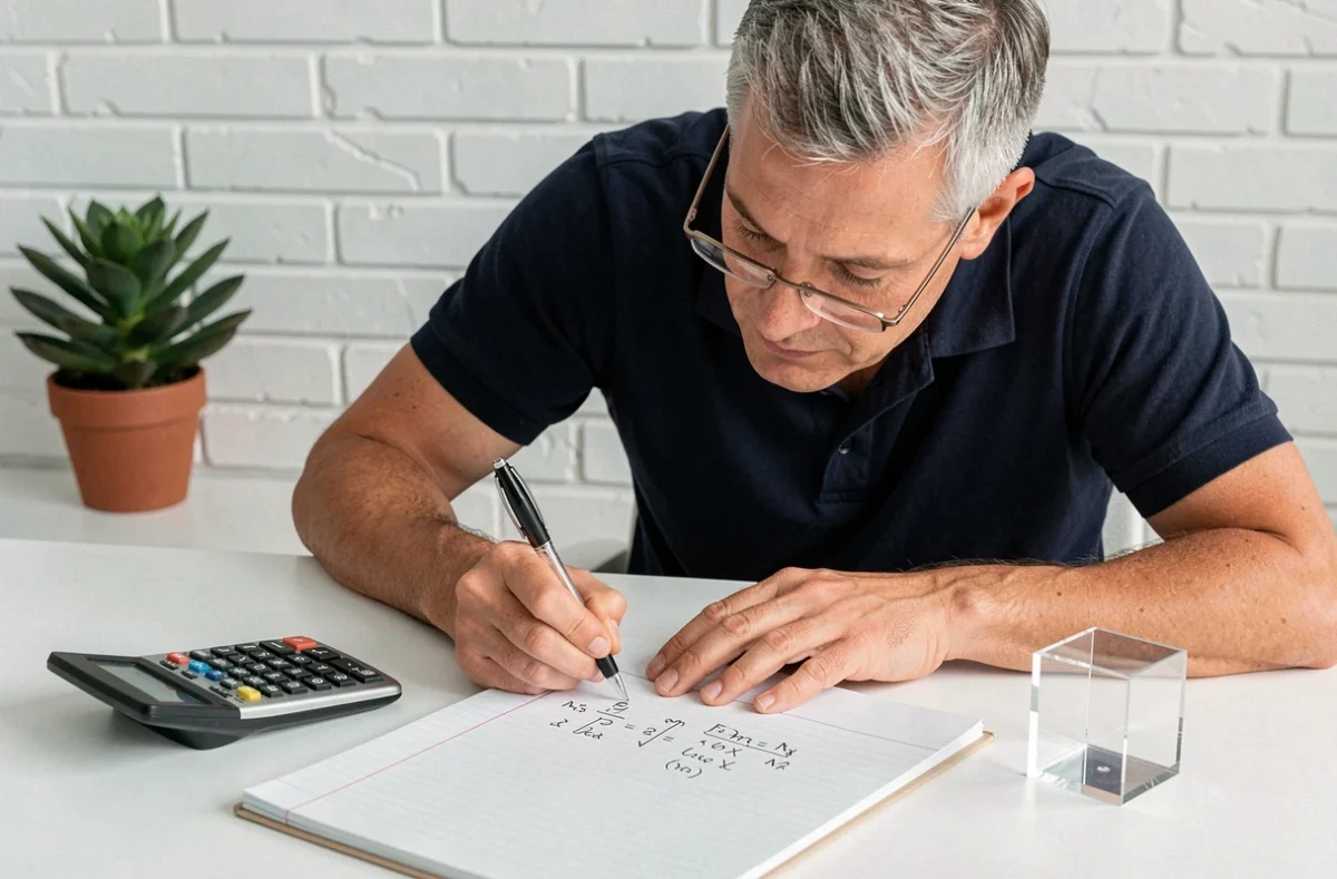 Homme calculant la conversion de mètres cubes en litres sur un cahier avec une calculatrice scientifique