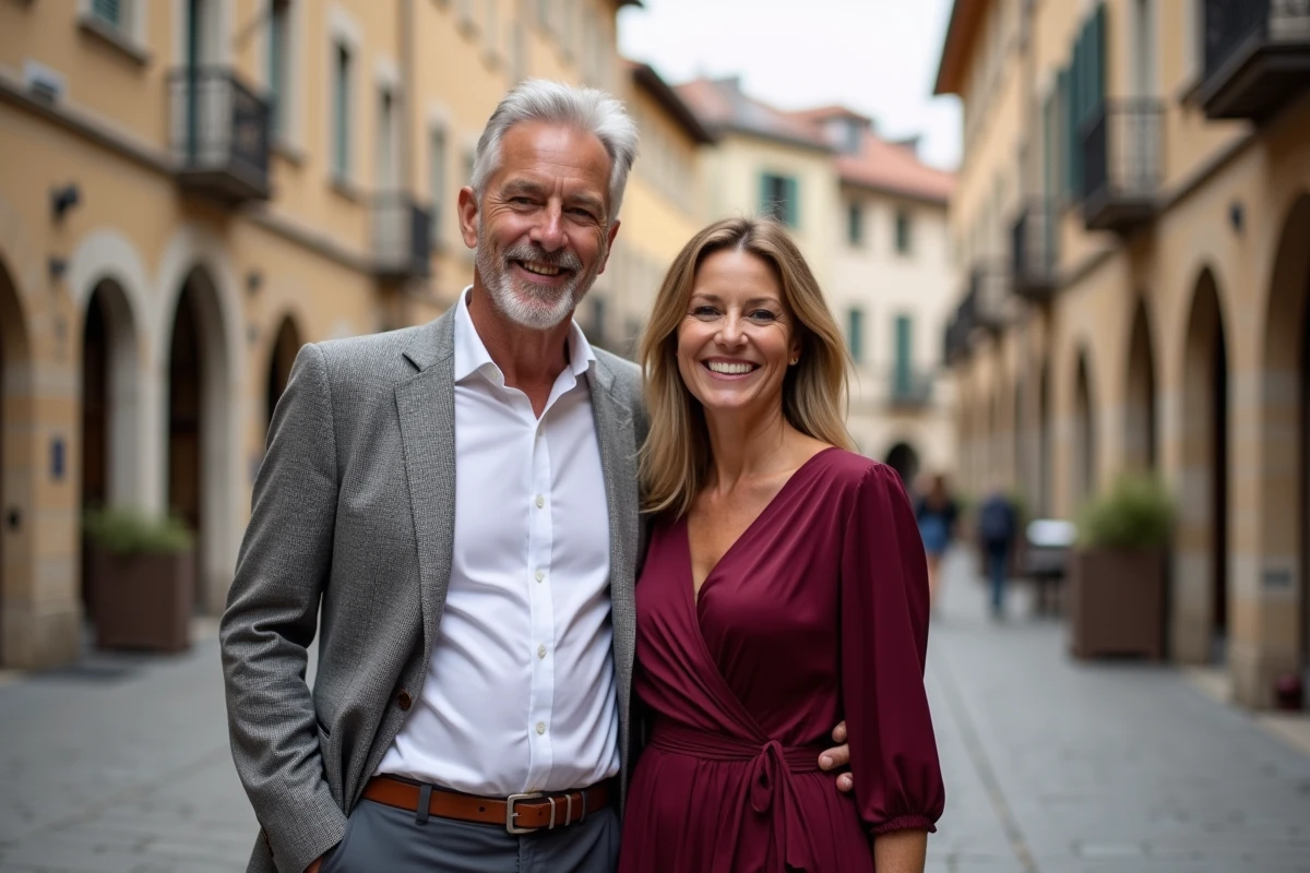Couple élégant posant ensemble dans une place historique européenne aux pavés anciens