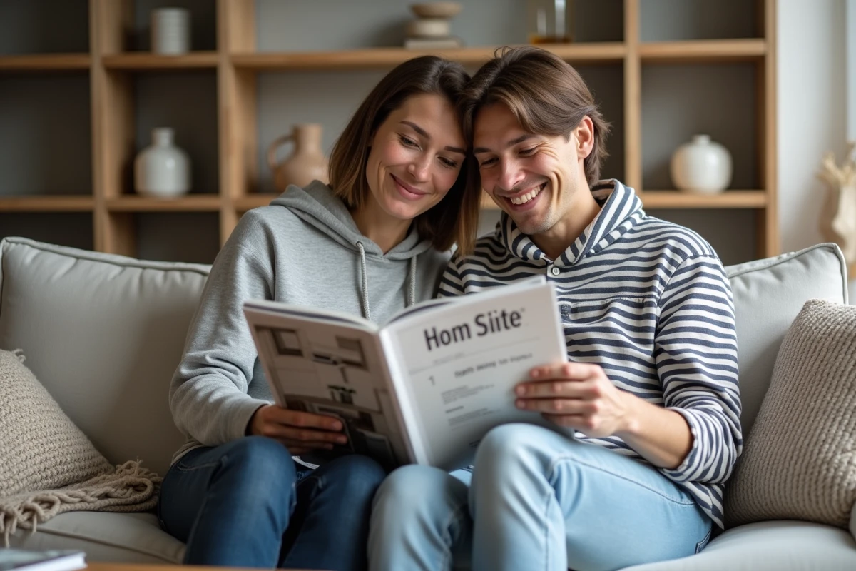 Couple feuilletant un magazine de décoration et naviguant sur un site d'habitat dans un salon scandinave