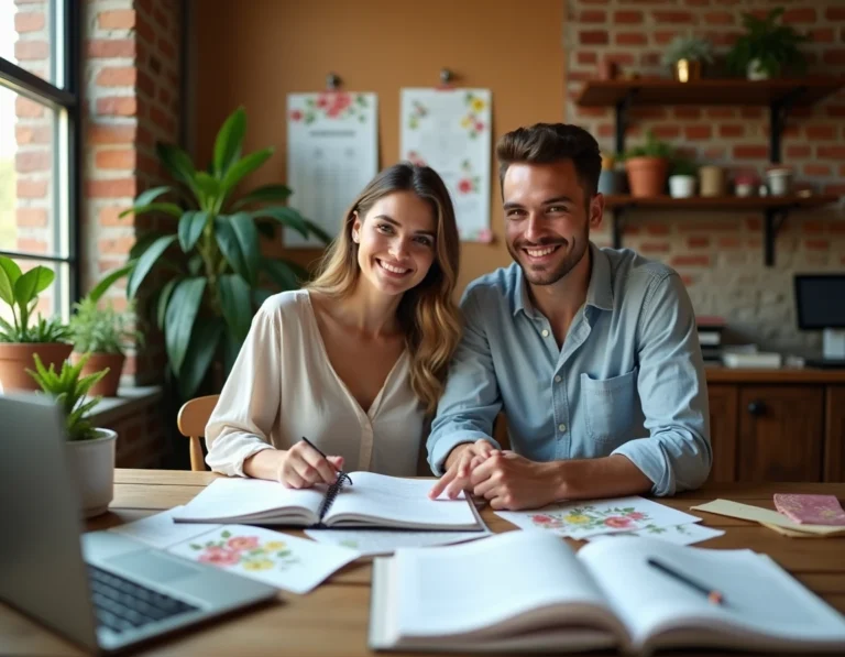 Couple organisant leur mariage ensemble autour d'une table avec des échantillons de tissu, un mood board et un ordinateur portable ouvert