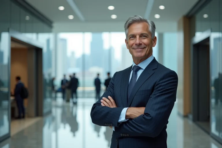 Portrait d'un dirigeant d'entreprise aéronautique en costume dans un hall d'entreprise moderne