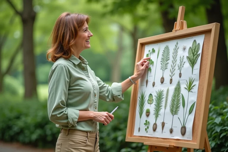 Professeure de biologie en extérieur devant affichage botanique