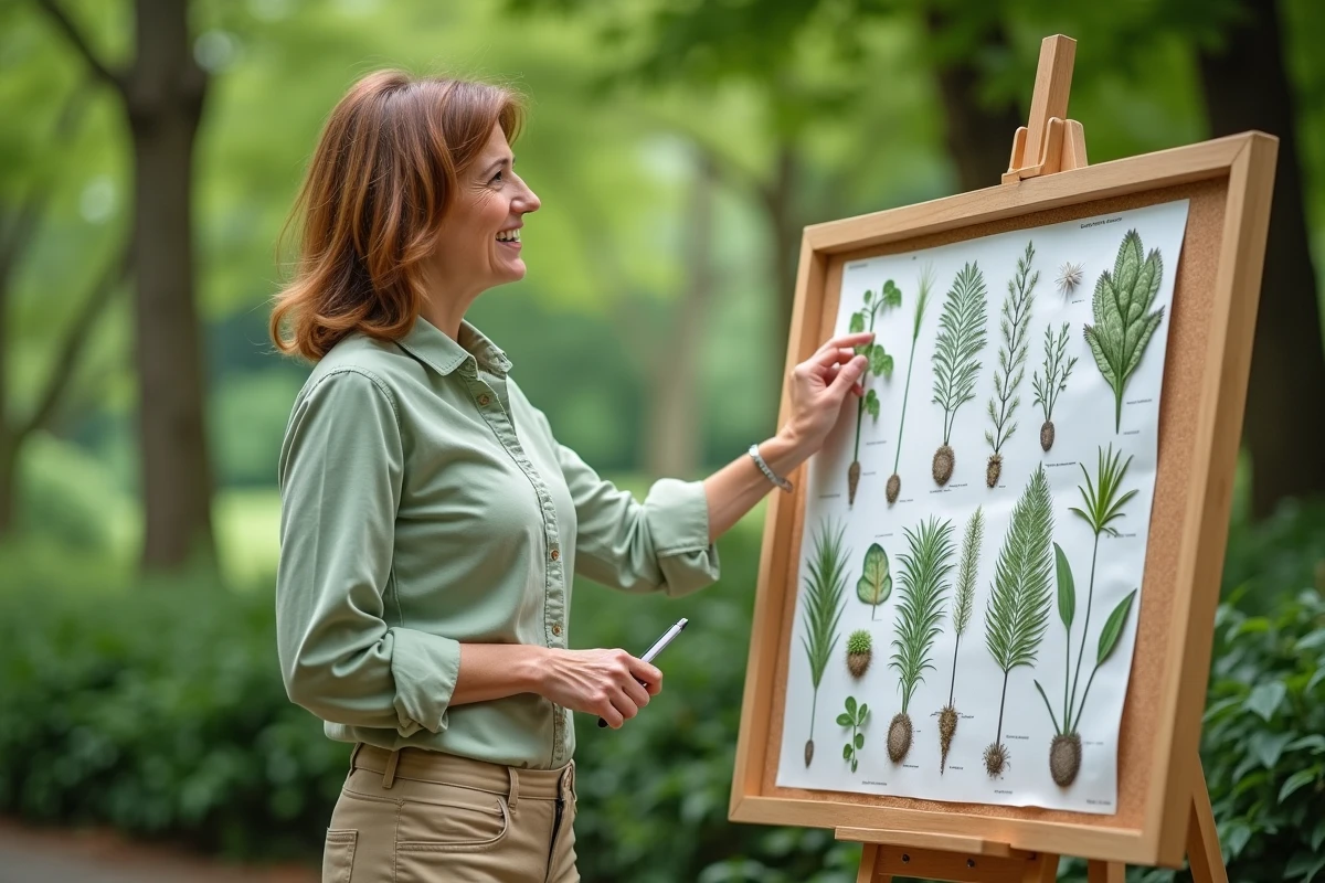 Professeure de biologie en extérieur devant affichage botanique