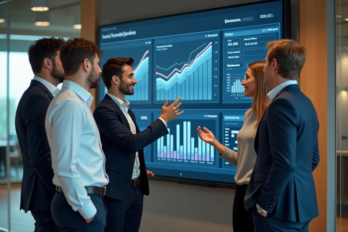 Groupe de professionnels collaborant autour d un tableau interactif