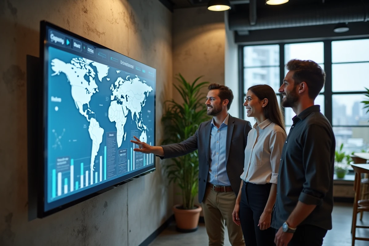 Groupe de professionnels analysant des tendances et informations clés sur un écran interactif dans un espace de coworking