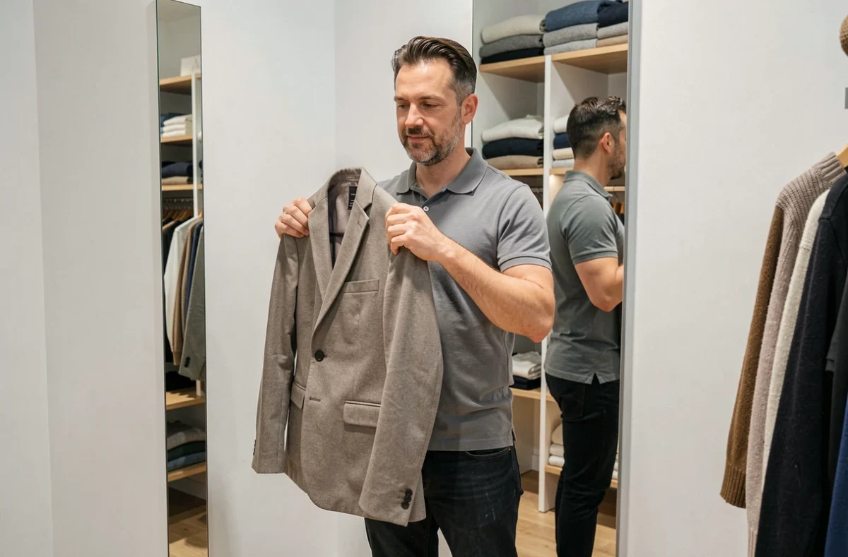 Homme essayant une veste devant un miroir dans un magasin de vêtements moderne à Dancharia