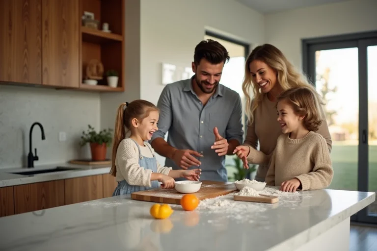Famille préparant le petit déjeuner dans une cuisine moderne
