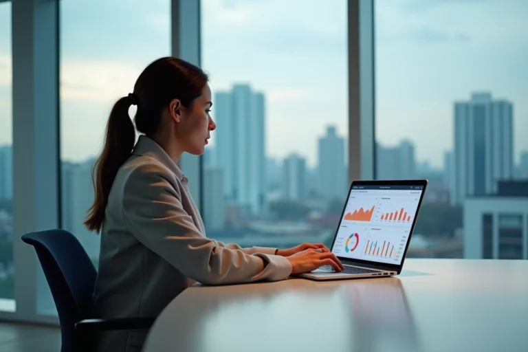 Femme d affaires analysant des graphiques colorés dans un bureau moderne
