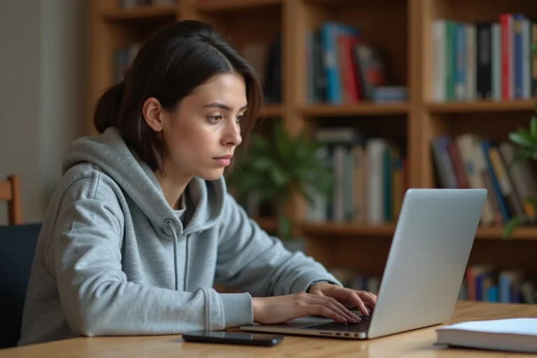 Jeune femme naviguant sur un annuaire de téléchargement fiable depuis son bureau à domicile