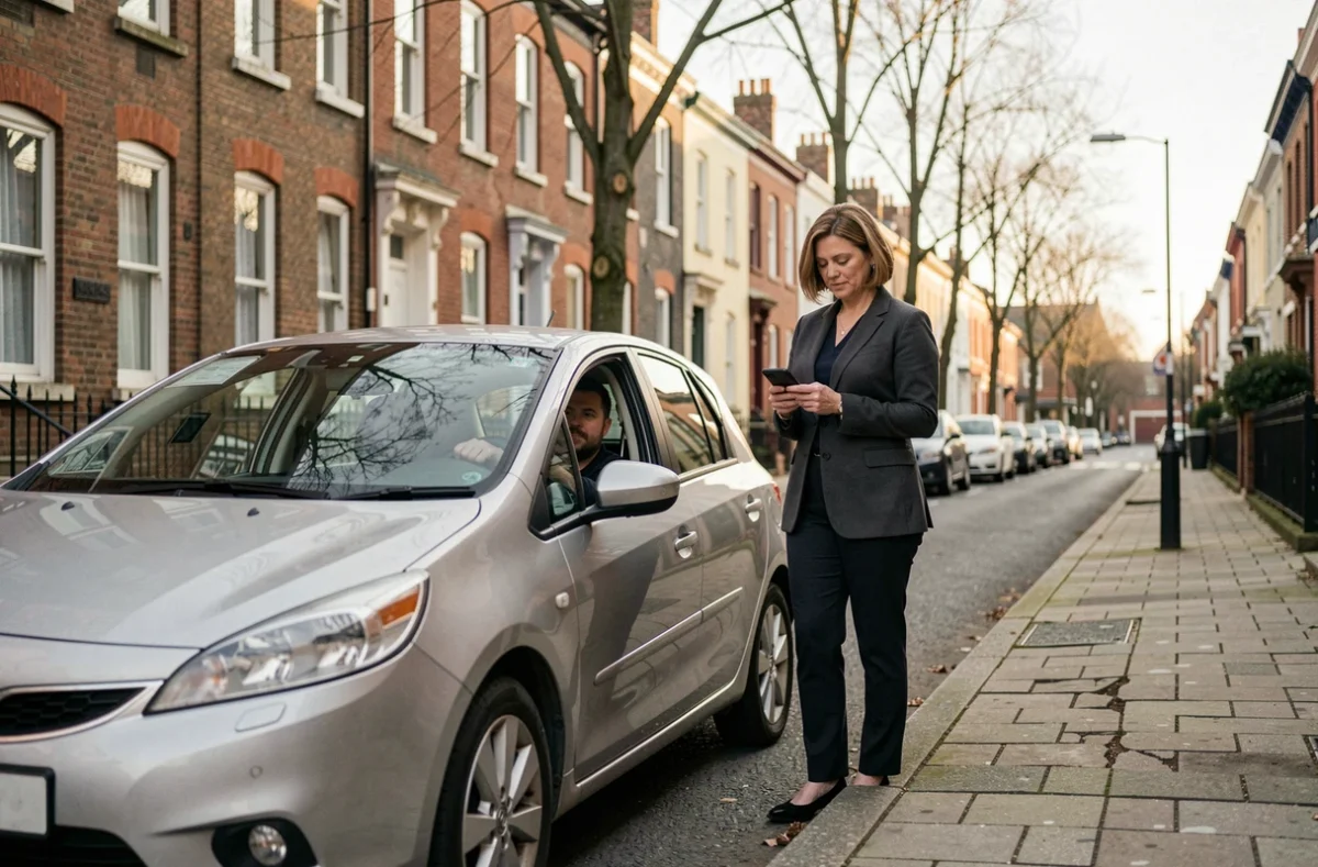 Femme professionnelle attendant son covoiturage Citygo dans une rue résidentielle avec son smartphone