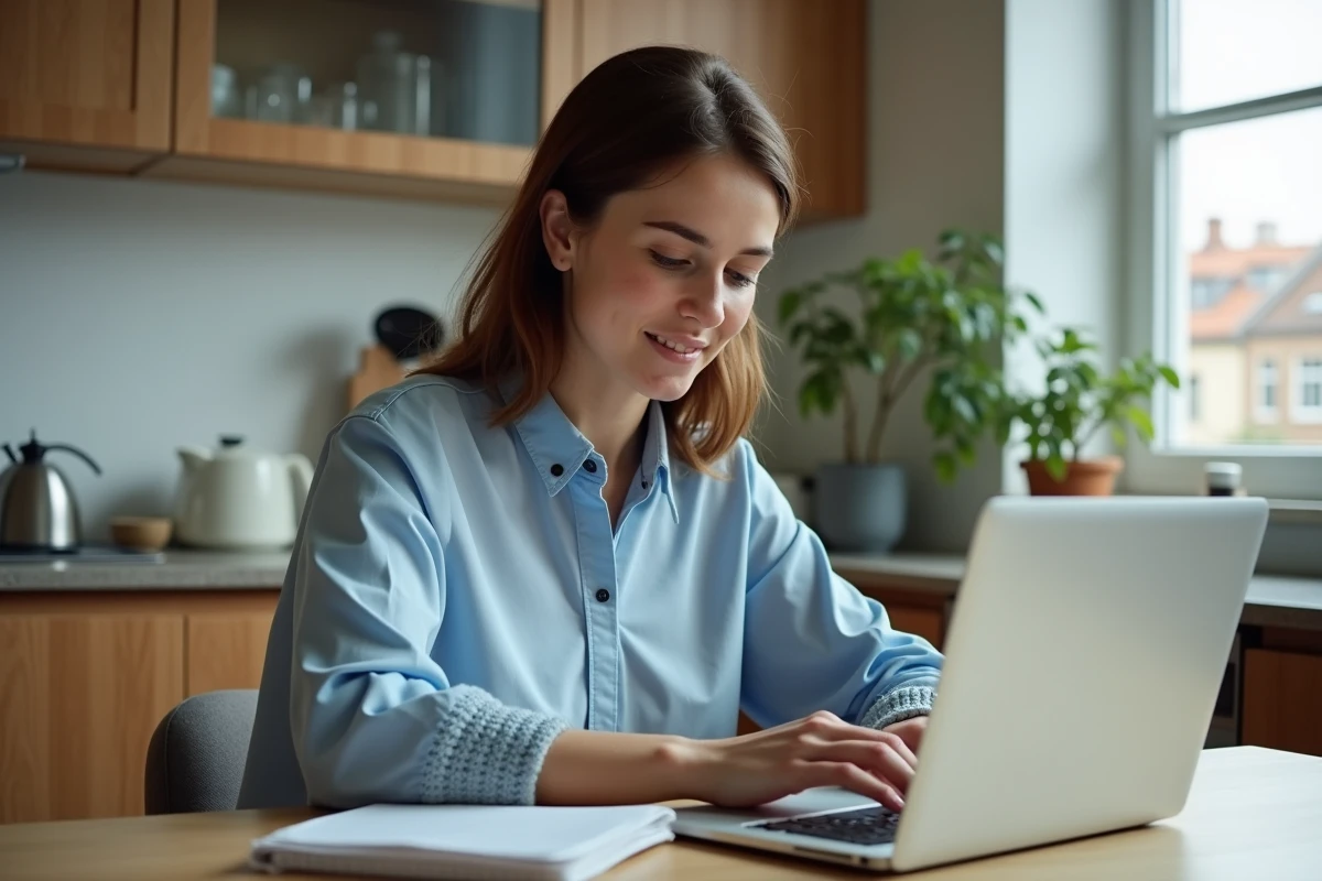Jeune femme au bureau dans une cuisine moderne