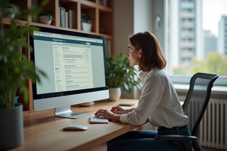 Femme en bureau moderne étudiant un site web