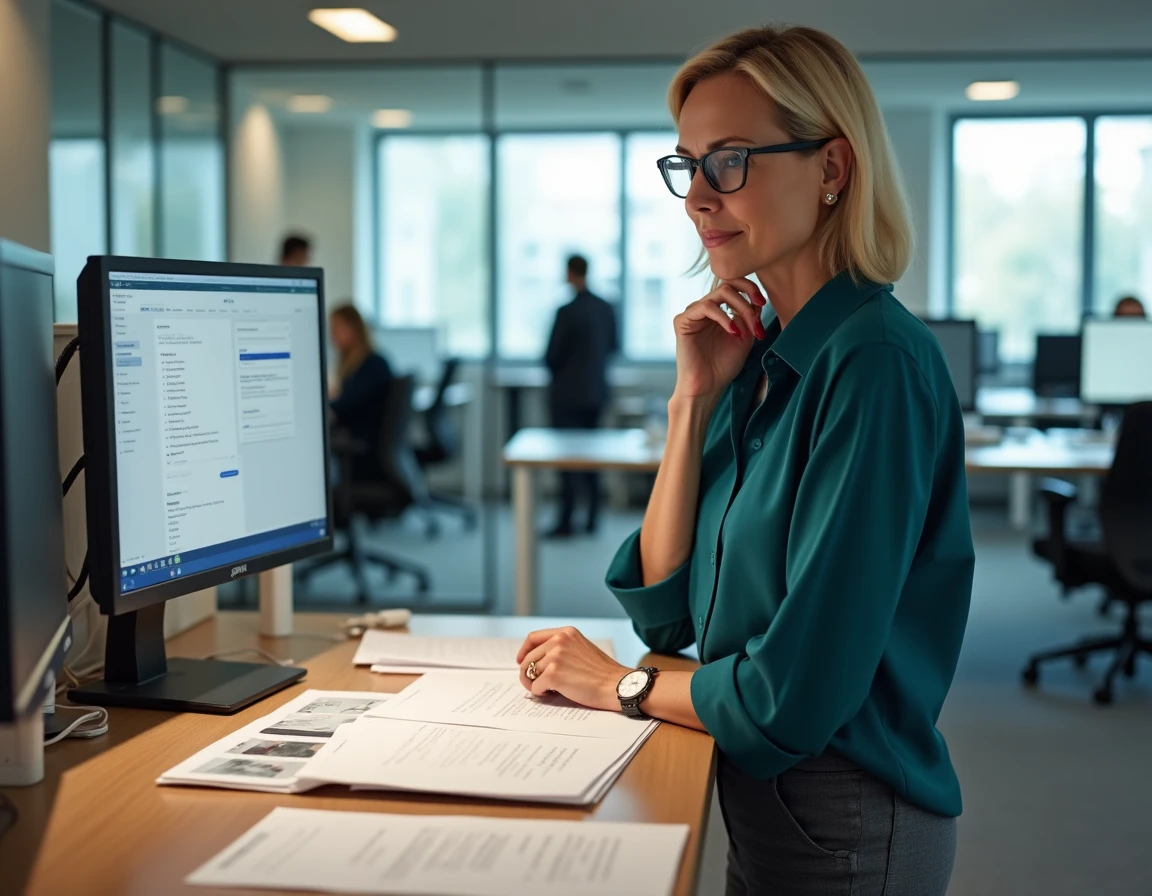 Femme cadre en tenue professionnelle analysant des offres d'emploi imprimées et en ligne dans un bureau en open space