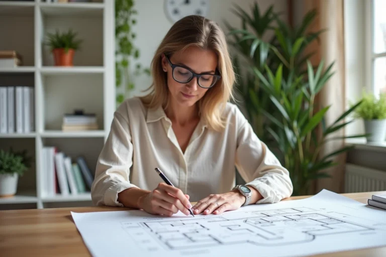 Femme consultant un plan de maison sur un bureau en bois dans un bureau à domicile moderne et lumineux