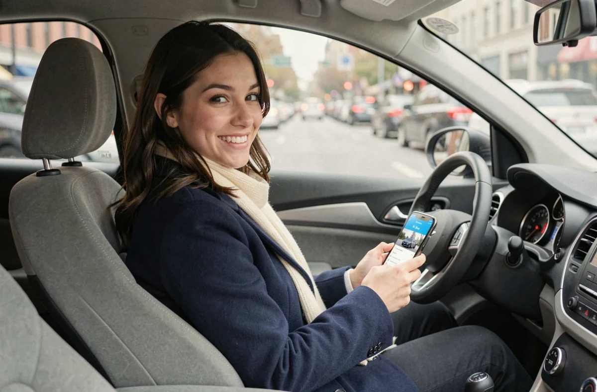 Jeune femme utilisant une application de covoiturage Citygo dans une voiture moderne pendant son trajet quotidien