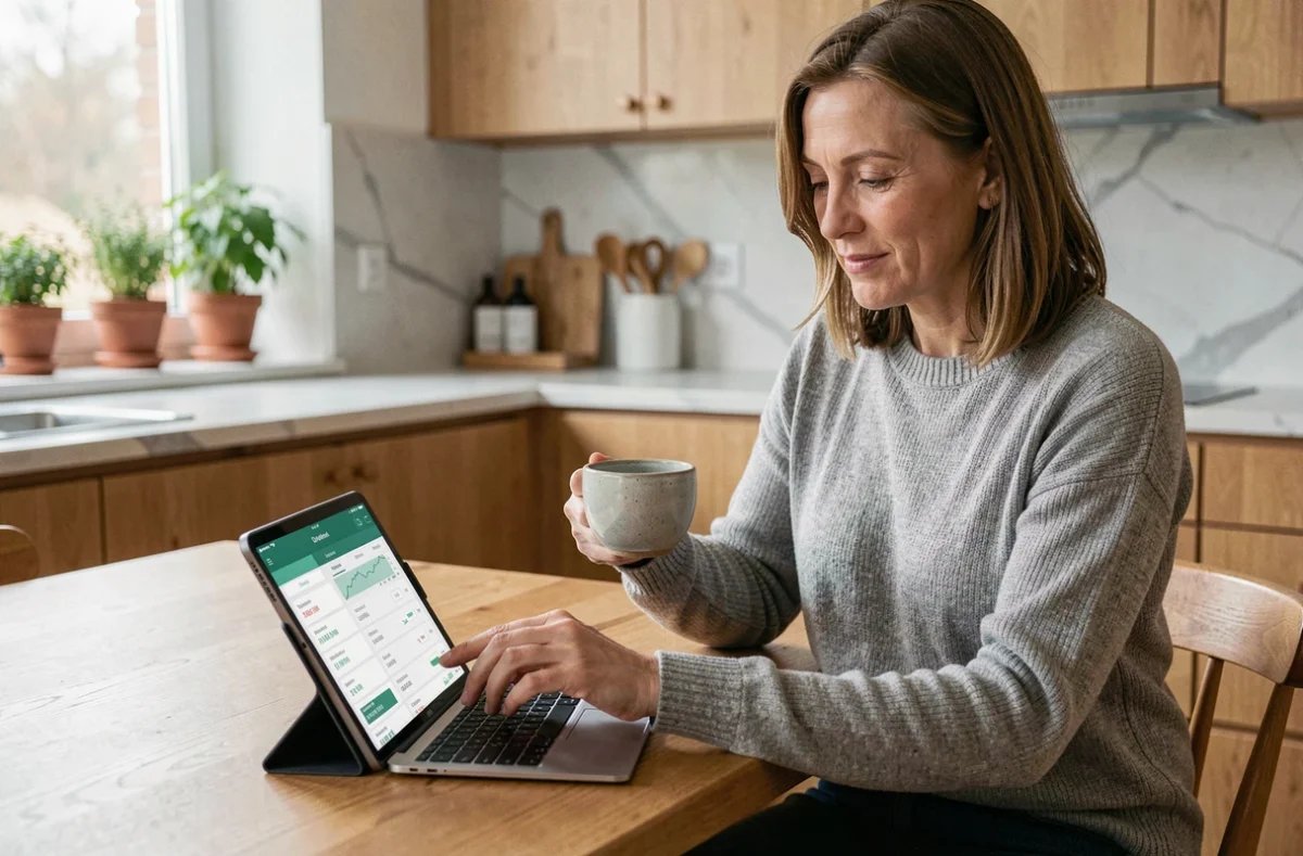 Femme consultant un calendrier de versement de dividendes sur tablette dans une cuisine moderne à domicile