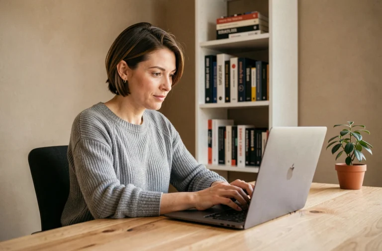 Femme en home office consultant des conseils informatiques sur son ordinateur portable