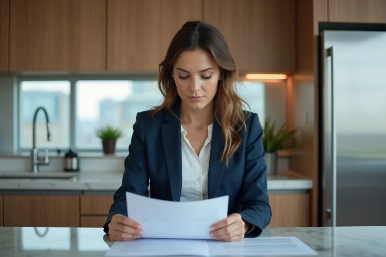 Femme confiante en costume bleu examinant des documents immobiliers