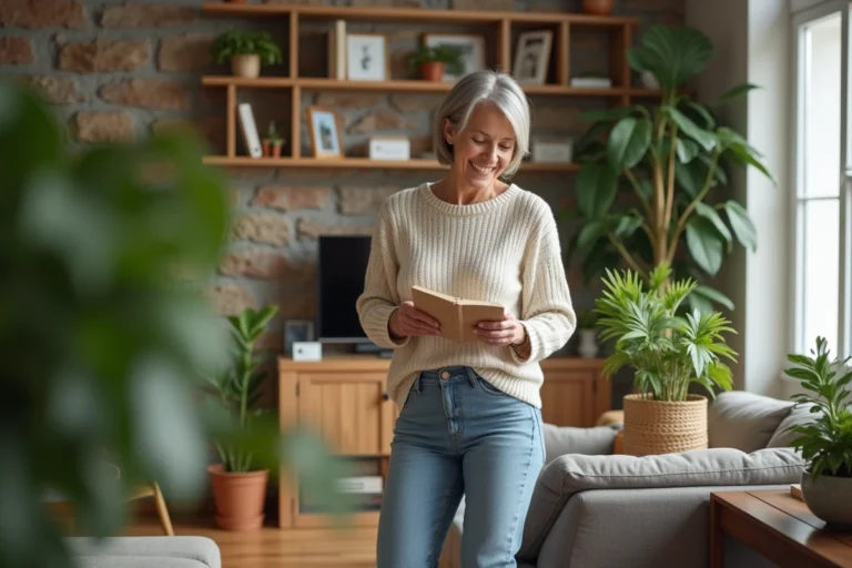 Femme organisée dans un salon chaleureux avec plantes et livres