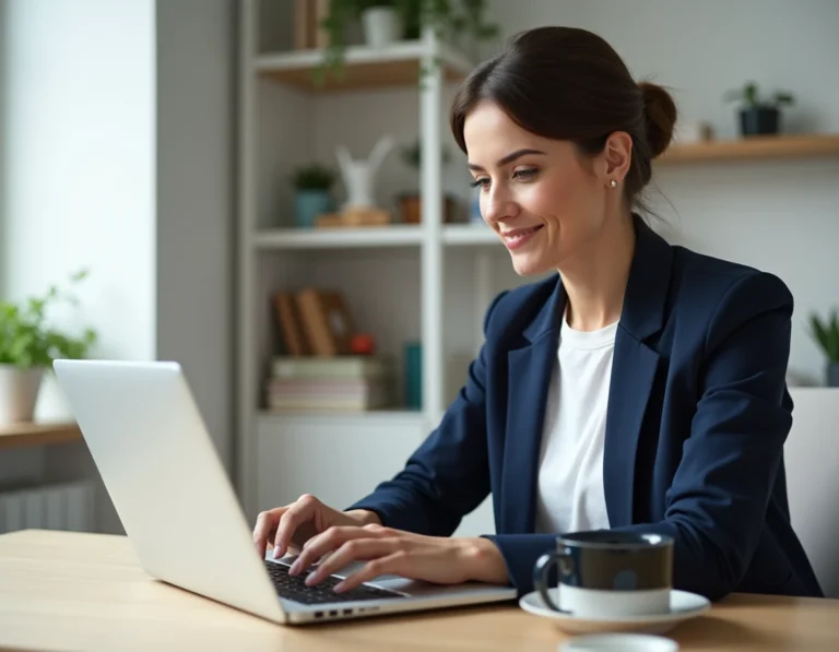 Femme professionnelle en blazer marine cherchant des offres d'emploi sur un ordinateur portable dans un bureau à domicile moderne