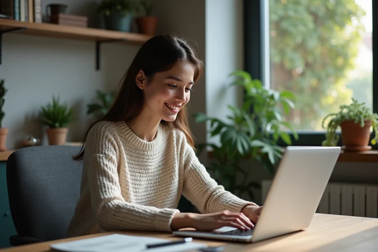 Jeune femme souriante travaillant sur un ordinateur dans un bureau cosy