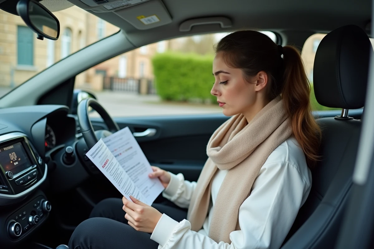 Jeune femme consulte le manuel dans sa voiture en milieu urbain
