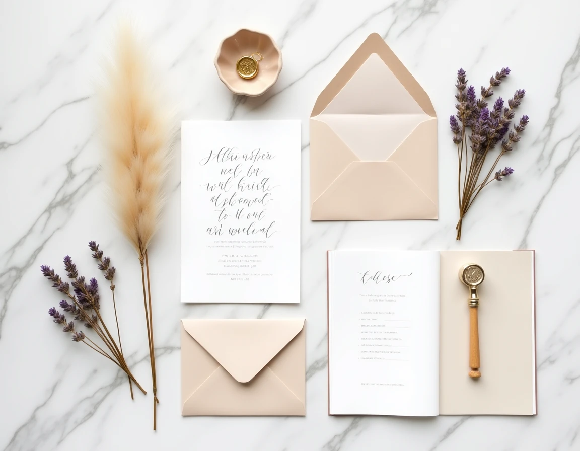Flat lay de mariage avec faire-part en calligraphie, fleurs séchées, carnet de planification et détails dorés sur marbre blanc