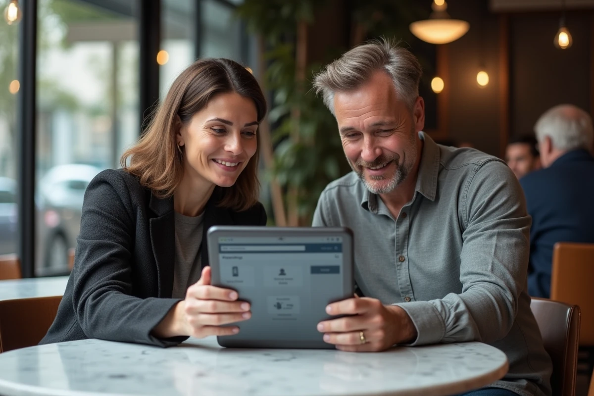 Deux adultes discutant d'un annuaire de téléchargement fiable autour d'une tablette dans un café