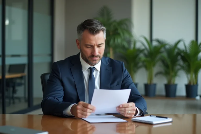 Homme d'affaires en costume lisant un rapport dans un bureau professionnel