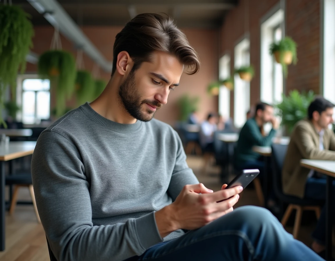 Jeune homme consultant une application de recherche d'emploi sur son smartphone dans un espace de coworking moderne
