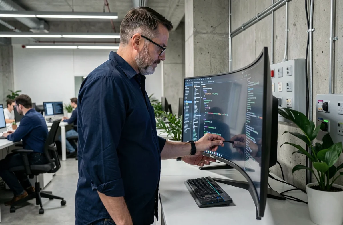 Homme en bureau moderne analysant du code informatique sur un grand écran incurvé