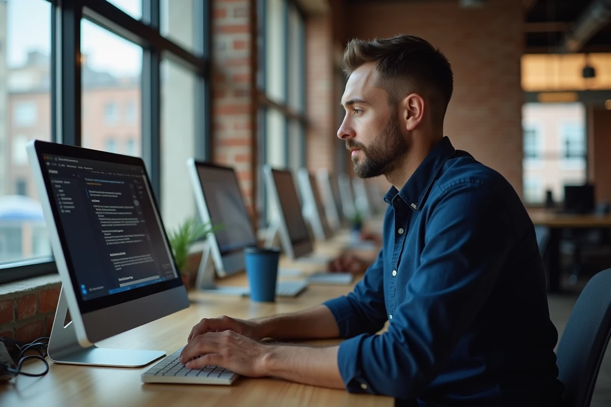Homme évaluant un annuaire de téléchargement en ligne dans un espace de coworking moderne
