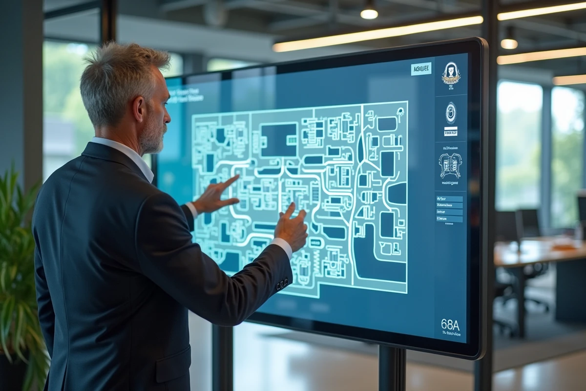 Homme pointant un plan de site sur un écran digital