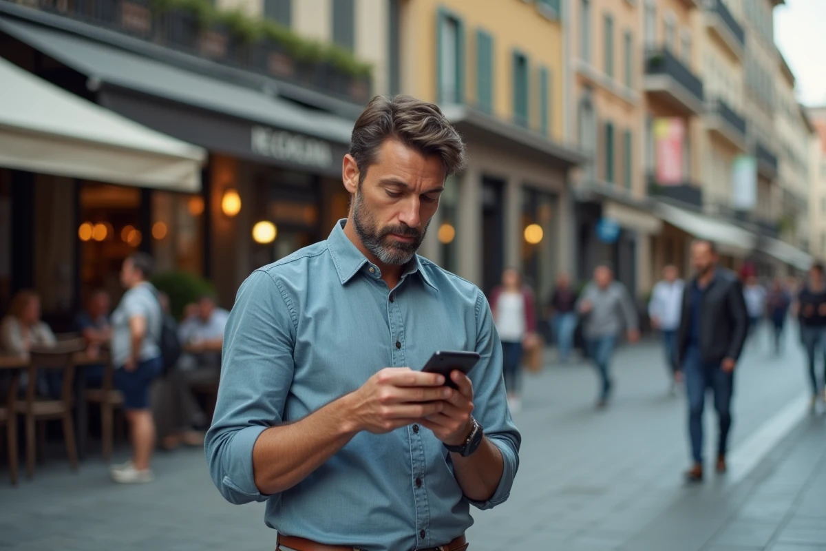 Homme consultant les tendances et informations actuelles sur son smartphone dans une rue animée d'une ville européenne