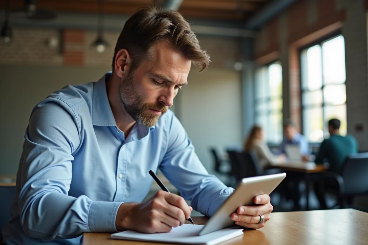 Homme concentré prenant des notes avec une tablette dans un espace coworking
