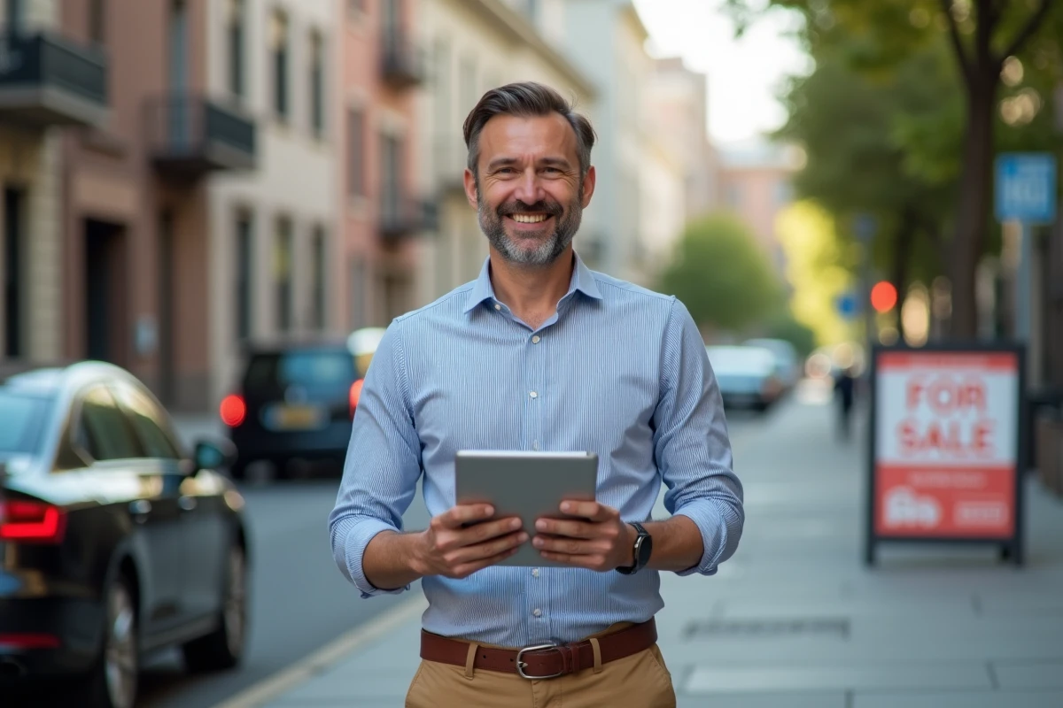 Homme souriant avec tablette sur le trottoir en ville