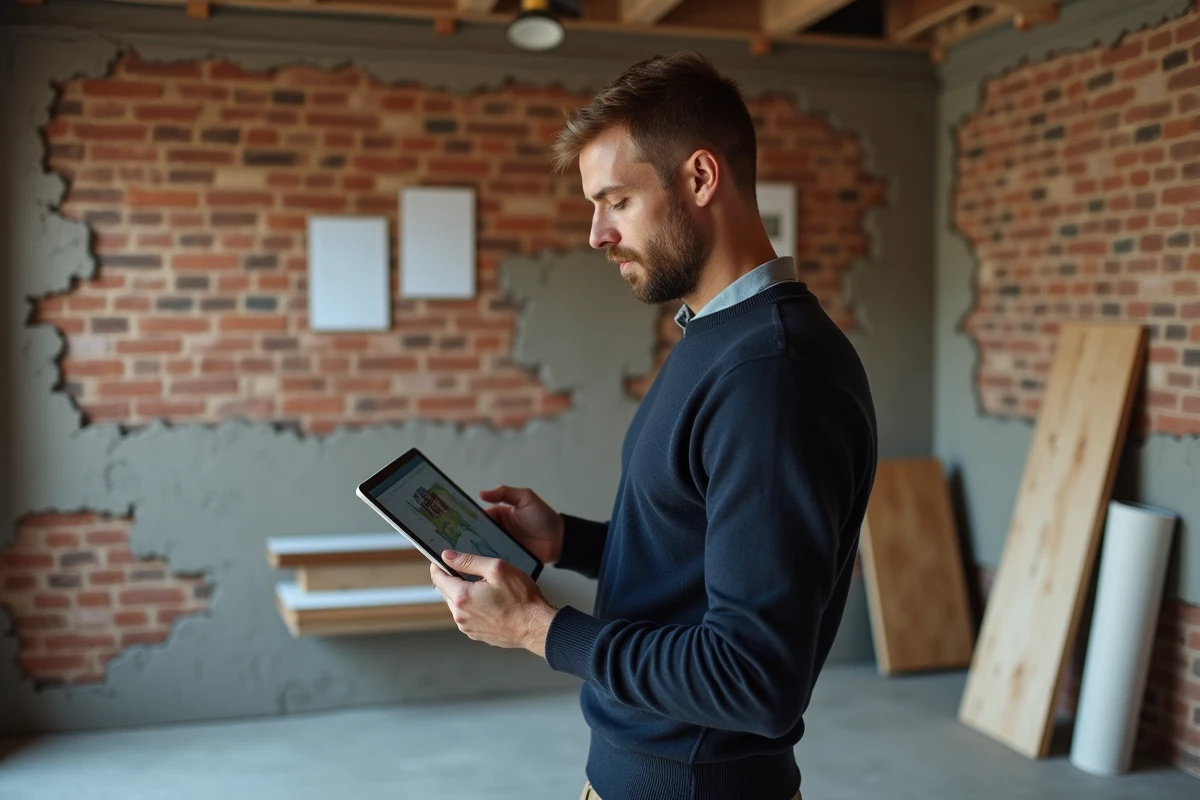 Homme tenant une tablette avec un plan de site numérique dans un salon en cours de rénovation