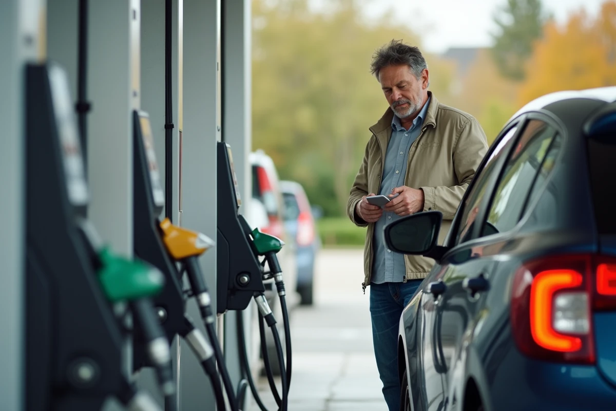 Homme d'âge moyen à la station essence étudie les options de carburant