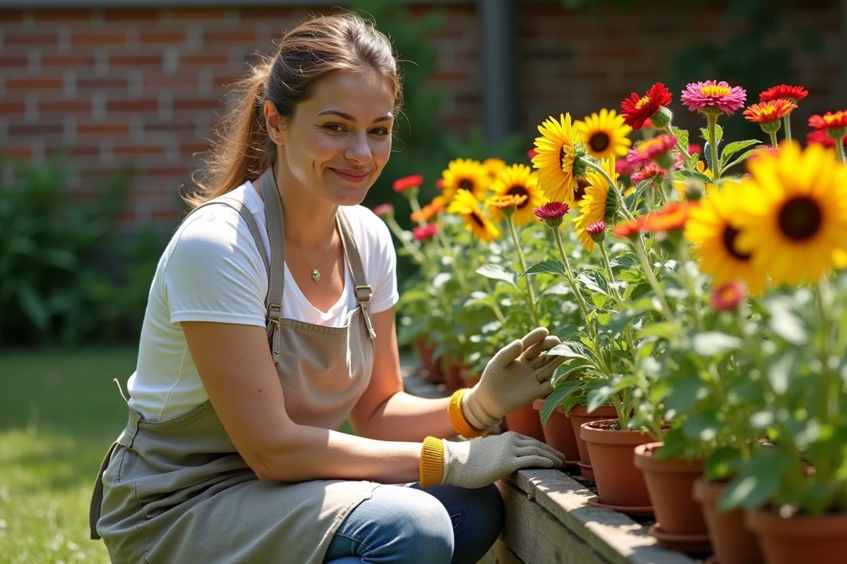 Femme jardinière s'occupant d'un carré de fleurs avec tournesols, zinnias et cosmos dans un jardin ensoleillé